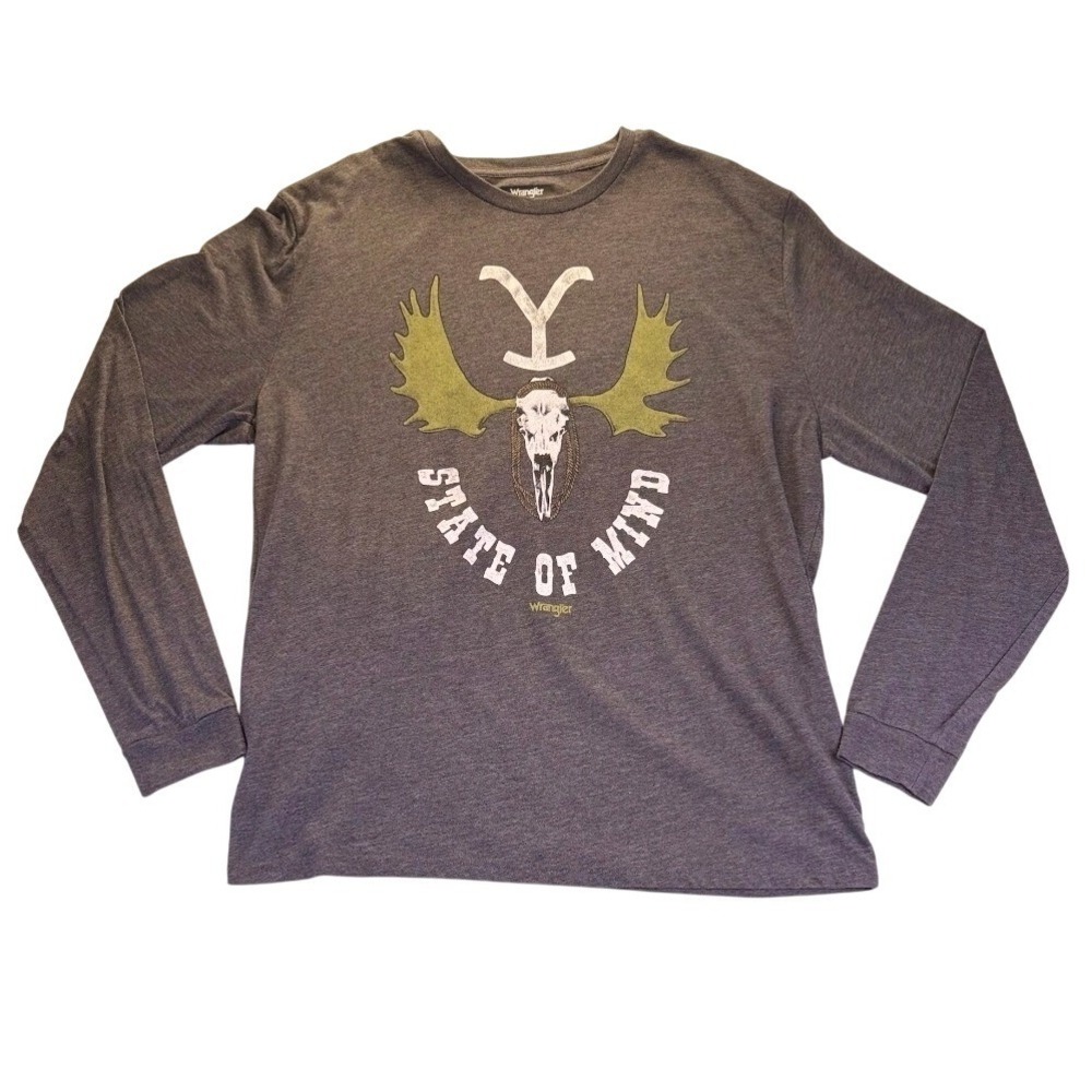 Wrangler Yellowstone Mens XL Long Sleeve Graphic Tee Grey State of Mind Moose